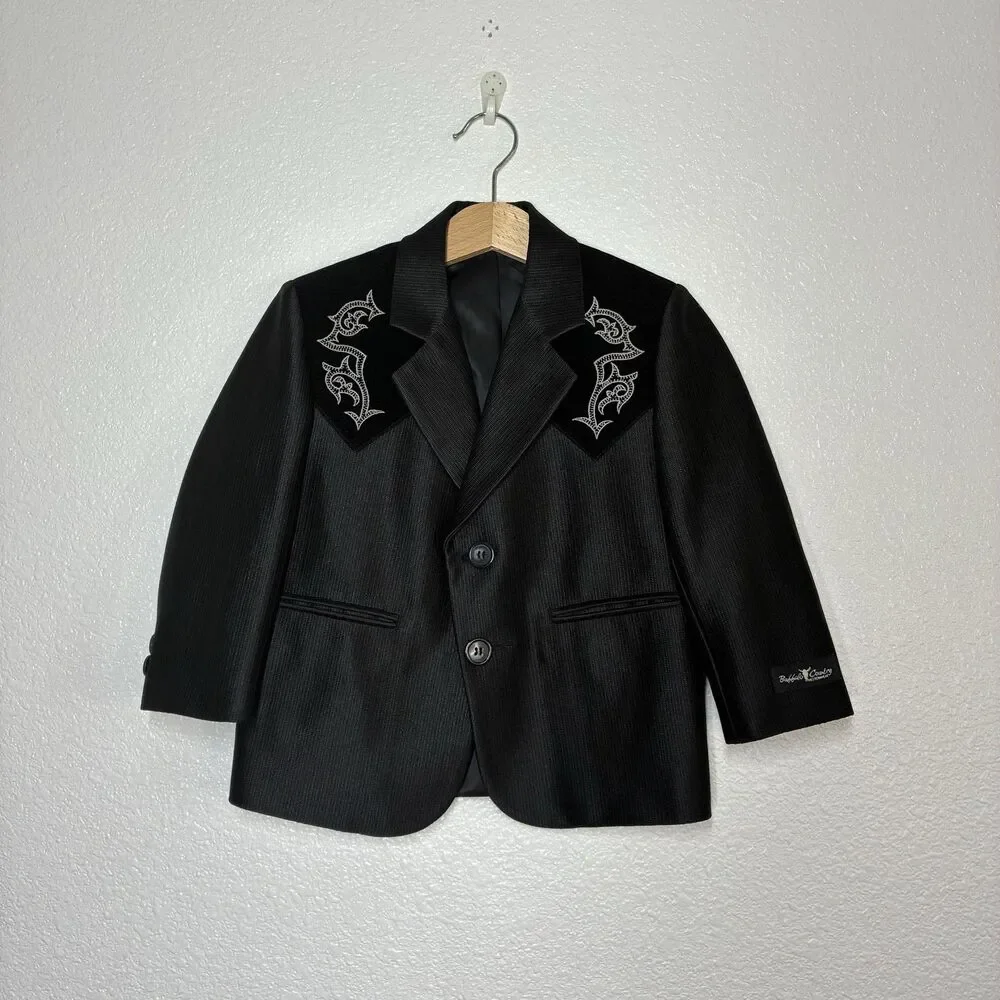 Buffalo Country Suit Jacket Boys 4 Black Western Cowboy Embroidered Velvet Yoke